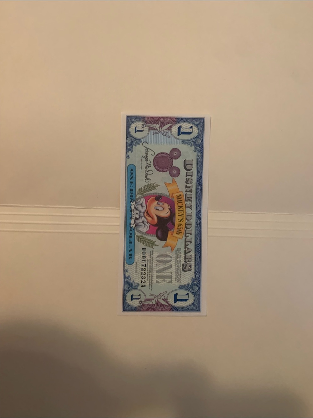 Disney One Dollar Play Bill - Blue Mickey’s 65th  Design